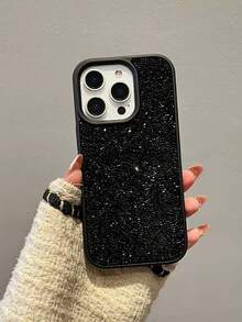 Sequins,Diamond 1pc Solid Color Luxury Rhinestone Embedded Shiny Dual-Purpose Phone Case, Compatible With Apple 17 Pro Max, 16, 15 Pro, 14, 13, 12, 11 Series - Black - View 9