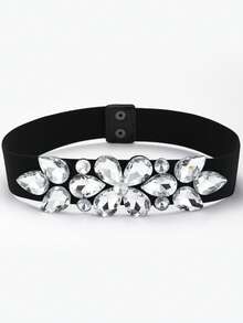 1pc Women's Elastic Waist Belt With Large Shiny Glass Beads - A - View 1