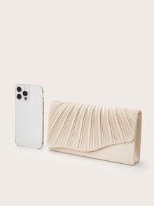 Luxury Champagne Pleated Clutch, Satin & Gold Wave Trim Evening Bag For Prom & Cocktail - Apricot - View 3