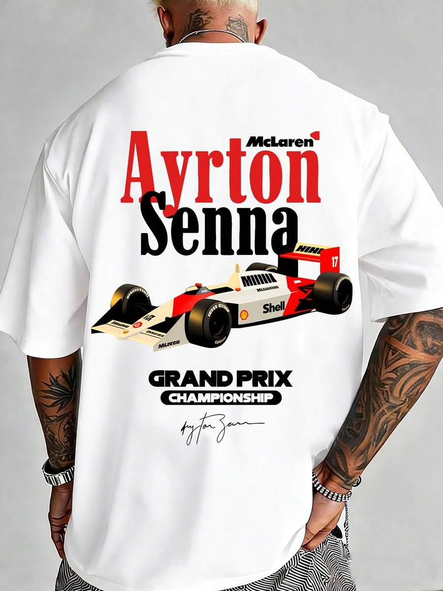 T-Shirt With F1 Racing Motif, Fashionable Men's T-Shirt With Racing Graphic, 100% Cotton, Crew Neck, Short Sleeve, Men's Sweatshirt, Loose And Casual Fit, Comfortable And Breathable, Machine Washable, Summer Clothing, Suitable For Everyday Wear And For Watching Races. - 白色 - 查看 1