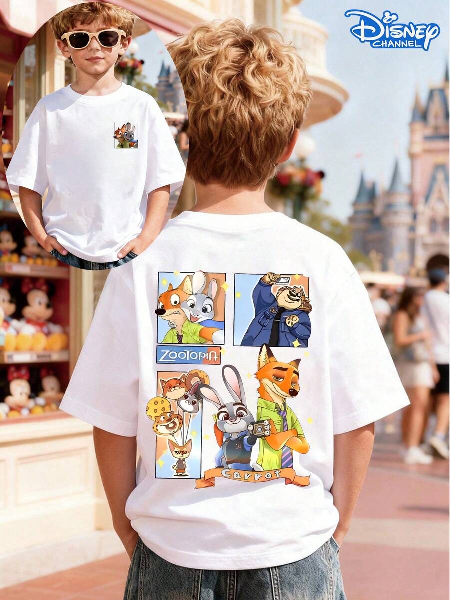 Disney Zootopia Comic Strip Double-Sided Print Kids T-Shirt, White Loose Crew Neck Top, Small Front Logo + Nick, Judy & Friends Comic Back, Full Of Fun Vibe, Breathable Skin-Friendly, All-Match For Summer Park & Street, Unisex - 白色 - 查看 1
