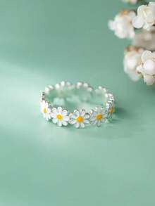 1件装ins风奢华雏菊不锈钢可调节开口戒指，百搭花卉设计 - 銀色 - 查看 3