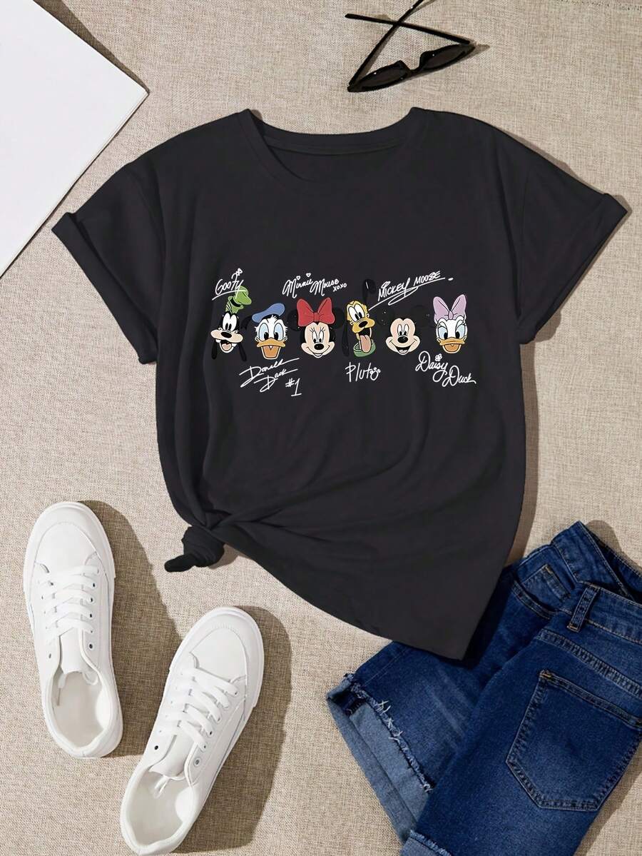 Disney 'Mickey Mouse Clubhouse' Patterned Printed T-Shirt, Round Neck Pullover Women'S Casual Sports Short-Sleeve Top - 黑色 - 查看 1