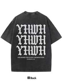 Casual Oversized Black Denim T-Shirt With YHWH Text Graphic Stylish Relaxed Fit Crew Neck Short Sleeve Fashion Top For Every Generation - 黑色 - 查看 2
