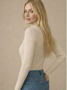 Women's Ribbed Turtleneck Sweater With Medium Neckline And Long Sleeves, Second-Skin Style, Simple And Casual. - Rượu sâm banh - Xem 9