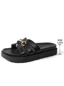 新款时尚金属扣装饰厚底坡跟拖鞋，时尚舒适，百搭耐脏沙滩凉鞋，适合日常穿着 - 黑色 - 查看 8