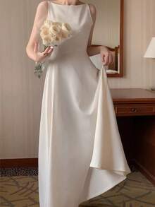 Đầm dạ hội/dáng chữ A không tay màu trắng thanh lịch, sang trọng dành cho nữ mùa hè, thích hợp cho các buổi tiệc, đám cưới, mùa xuân. - trắng - Xem 4