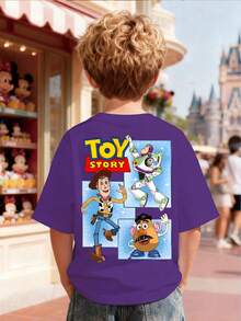 Disney Apparel, This Boy's T-Shirt Features A Double-Sided Toy Story Woody Cartoon. This Soft And Breathable Short Sleeved Round Neck T-Shirt Is Perfect For Spring And Summer Wear, Making It An Ideal Choice For Daily Wear, Vacation And Leisure, Outdoor Exploration, School Life, And Shopping Trips. It Is Also An Excellent Gift For The Same Boy And Girl. Every Child Deserves One. - Purple - View 3