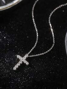 1pc S925 Sterling Silver Geometric Versatile Unique Minimalist Cubic Zirconia Cross Necklace, Suitable For Women's Daily Wear - Silver - View 3