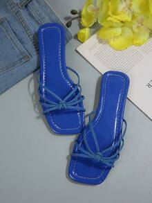 女士纯色方头平底凉鞋，饰有蝴蝶结，夏季时尚拖鞋，适合派对、夜店和约会等场合。 - 藍色 - 查看 6