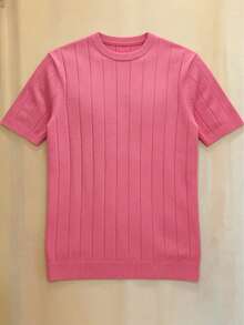 Jersey de punto de cuello redondo de manga corta con costillas para hombre, primavera/verano - Rosa - Ver 4