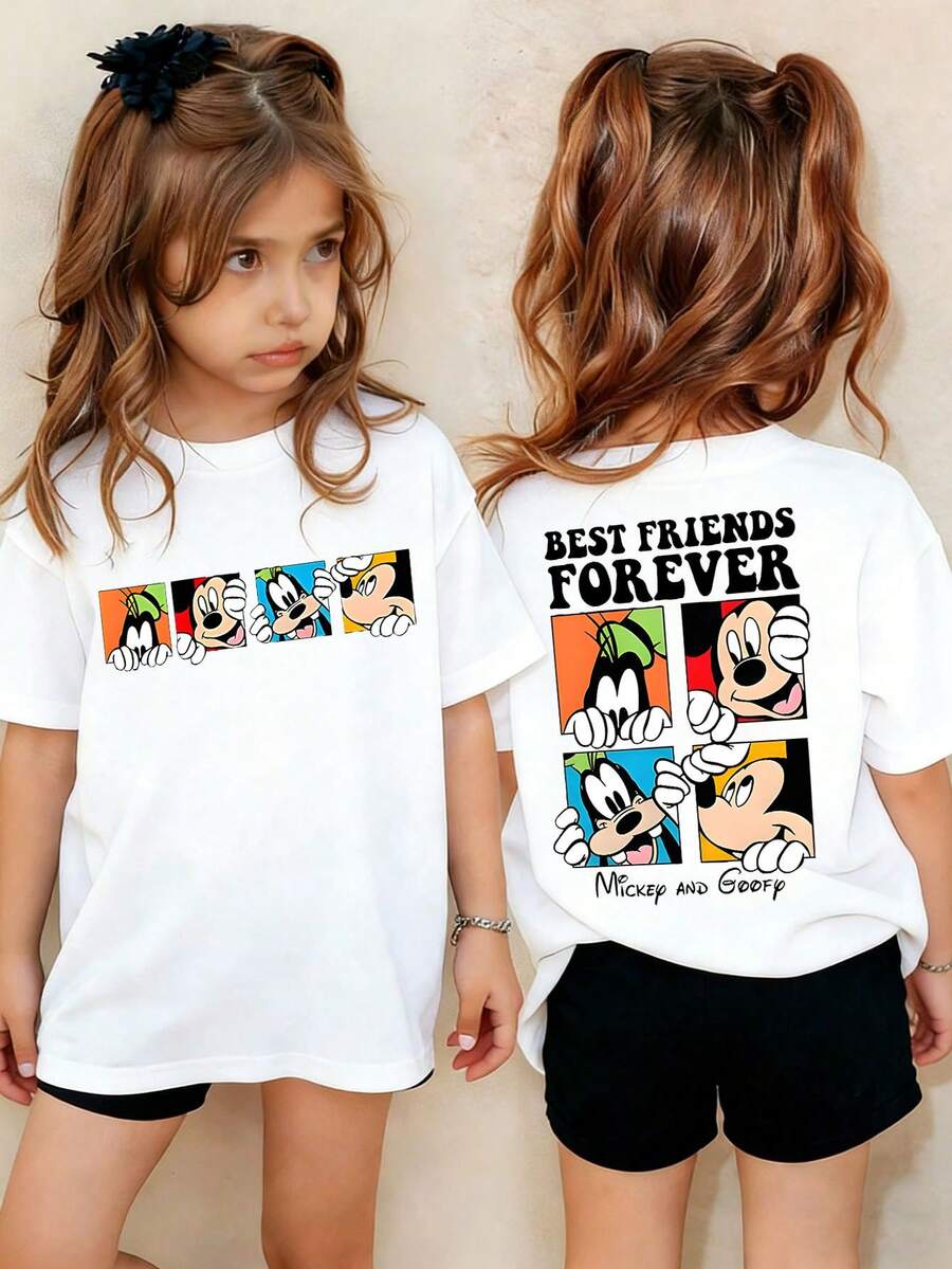 Disney Shining Boy (Double-Sided Print): Mickey Mouse And Goofy, Themed Cartoon Print, Casual And Simple Short Sleeved T-Shirt, Suitable For Spring And Summer Seasons, Suitable For Boys And Girls To Wear. Festival Gift - 白色 - 查看 1