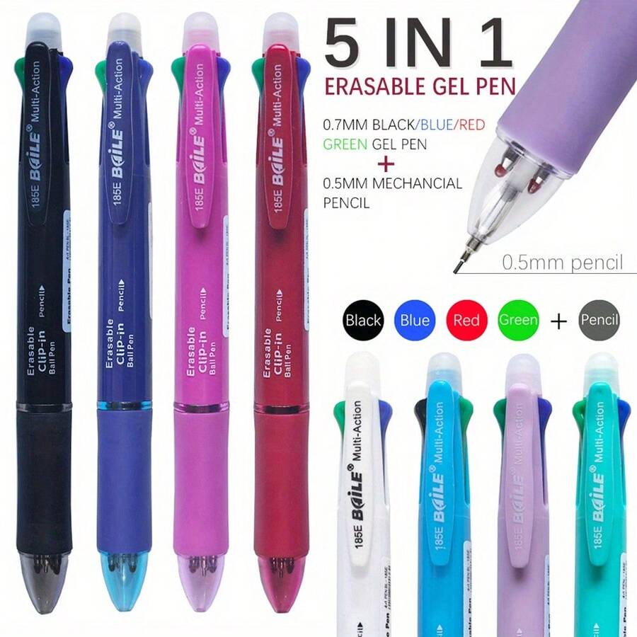 Five-In-One Erasable Pen, Black, Blue, Red, Green Refills, 0.5 Mechanical Pencil, Colored Pen, Press-To-Erase Pen, Multifunctional Pen, Sketching, Drawing, Writing, Office Supplies - Bút màu đỏ hồng - Xem 1