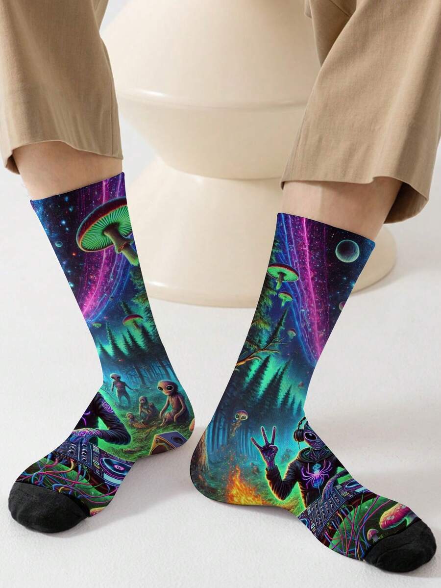 1 Pair 360 Easter Men's Socks – Fun All-Over Print Featuring DJ Music Festival Graffiti,Soft, Comfortable, And Highly Elastic, These Fashionable Casual Streetwear Hip-Hop 360 Socks Are Perfect As Compression Gear, Valentine's Day Socks, Or Loose Maternity Socks Socks - Multicolor - View 1
