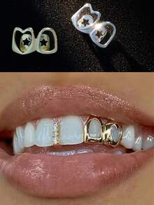 Hollow Open Vampire Fangs Upper Lower Full Set Teeth Grillz For Men Women, Rainbow Iridescent / Gold / Silver 3 Colors Hip Hop Gothic Rapper Dental Grills, Adjustable Non Permanent Party Mouth Jewelry Gift - View 1