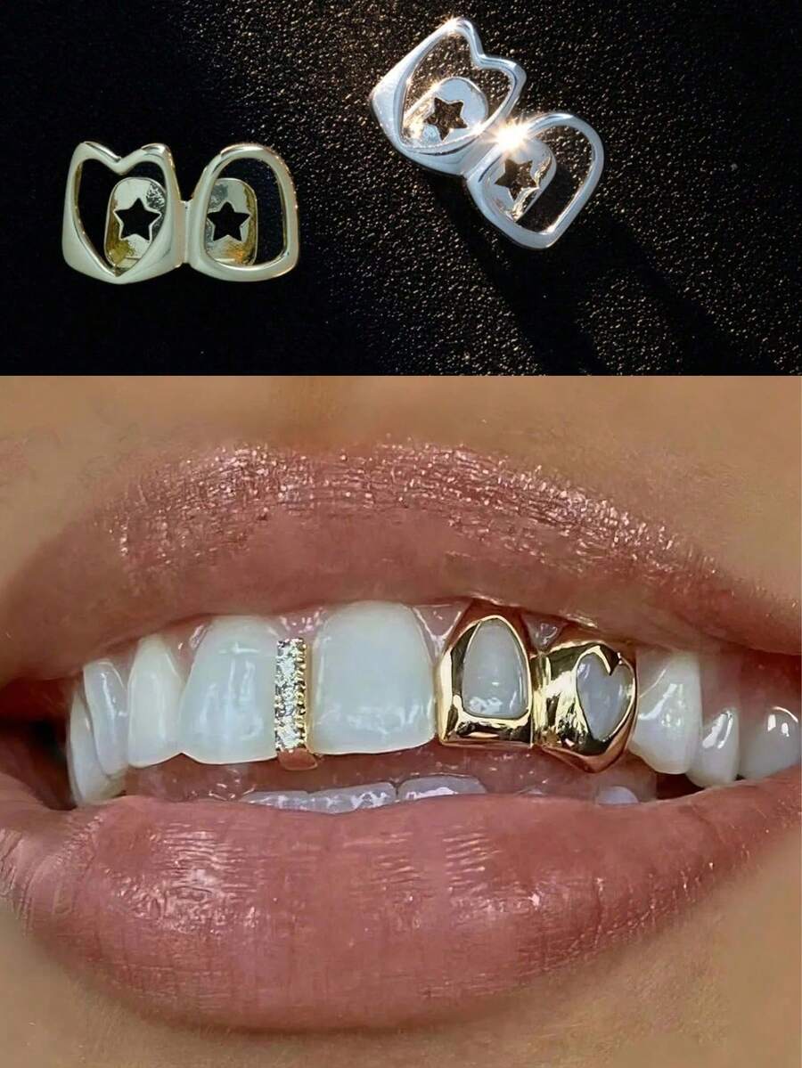 Hollow Open Vampire Fangs Upper Lower Full Set Teeth Grillz For Men Women, Rainbow Iridescent / Gold / Silver 3 Colors Hip Hop Gothic Rapper Dental Grills, Adjustable Non Permanent Party Mouth Jewelry Gift - View 1