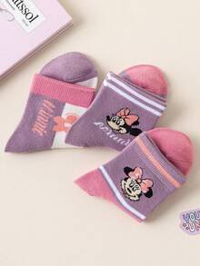 Disney 3/6双装迪士尼老鼠图案儿童船袜，可爱卡通粉紫色春夏中筒袜，女童款，迪士尼袜子 - 彩色 - 查看 13