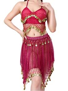 一套女士肚皮舞服装，包括雪纺薄纱亮片流苏裙和手工亮片珠饰流苏系带露背上衣，亮片裙采用纱丽风格，适合锐舞派对、狂欢节表演。也适合节日、派对、夜店、海滩、异域风情服饰装饰、波西米亚风、复古风等场合。 - 彩色 - 查看 13