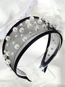 优雅宽檐网纱巴洛克风格仿珍珠发箍，复古别致百搭发饰发带发圈 - 彩色 - 查看 5