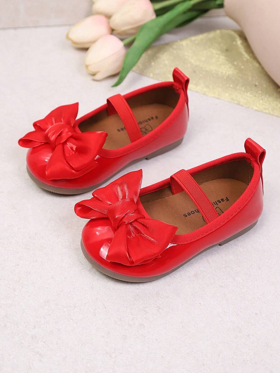 1 Pair Girls' Lace Bow Soft Bottom Round Toe Sweet Cute Princess Style Slip-On Flat Shoes, Suitable For Spring & Autumn - Red - View 1