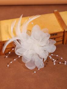 1pc Petal & Feather Elegant Hair Clip, Hairpin, Accessories - Beige - View 3