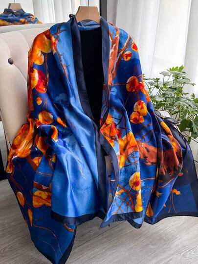 1pc Women's Elegant Floral Print Faux Silk Scarf, Versatile Accessory For Spring/Autumn, Suitable For Daily Wear, Travel, Sun Protection