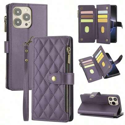 1pc Flip Cover Protective Compatible With 17 ProMax/16/15/14/13/12/11pro, Wallet Phone With Card Slot, Wrist Strap, Zipper Pocket