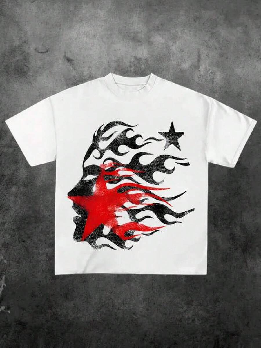 Printed T-Shirt Cotton Plus Size Men's Clothing, Flame Star Funny Graphic Tee Shirt, Casual Soft Pure Cotton 220g Printed T-Shirt, Summer, Unisex, Holiday Gift ,Y2K,Oversized Shirt Men S-5XL,Summer Tops - White - View 1