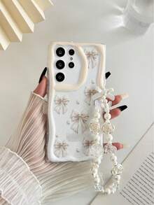 Bow-Knot Cream Textured Wavy Edge Glossy Bow Tie Painted Anti-Drop Phone Case With Beaded Bracelet Accessory, Compatible With IPhone 17pro/17Air /17/17promax16/11/16pro/16plus/16promax/16e/15Promax/13/14/12/XS/XR/7G/8P, Galaxy 11/12Pro/12/12X/13Pro/14Pro/15Pro/, 10/9/Note9/12c/Note11pro/Note8Pro - Multicolor - View 5
