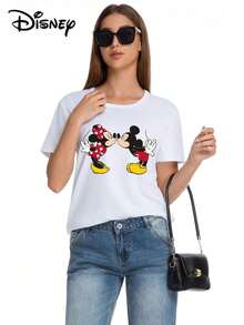 Disney Mickey & Minnie Series Graphic Print Casual Short Sleeve T-Shirt, Stretchy, Opaque, Easy Care Fabric, Suitable For Daily Wear - trắng - Xem 3