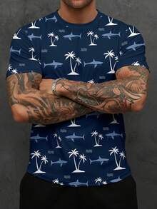Men's Coconut Tree & Shark All-Over Print Drop Shoulder Short Sleeve T-Shirt, Suitable For Summer - Multicolor - View 2
