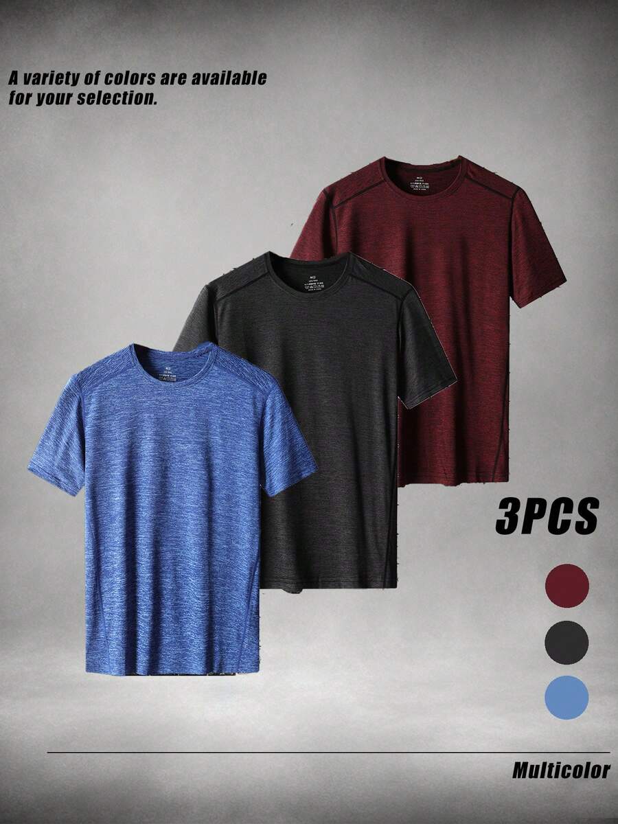 3pcs/Set Camisetas de manga corta para hombre, estilo casual para exteriores - Multicolor - Ver 1