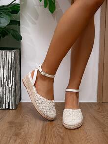 Summer New Straw Woven Closed Toe High Heel Sandals, Women Shoes - White - View 3