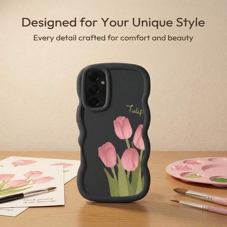 1 pieza Funda de teléfono de silicona suave con diseño de flor de tulipán creativo y lindo, estilo de dibujos animados con estampado floral, color macaron, resistente a golpes en todo el Body, estilo ondulado, compatible con Samsung/Apple/XR/11/14/15/16/Transsion/Honor/90LITE - Negro - Añade 4