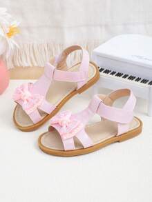 A Pair Of Children's Shiny Pearl Bow Sandals, Perfect For Summer Wear, Belonging To Roman Style Sandals, Bohemian Style Sandals. Girls' Beach Sandals, Girls' Shiny Diamond Sandals, Children's Hook And Loop Sandals, Beach Shoes And Children's Shoes. - Pink - View 4