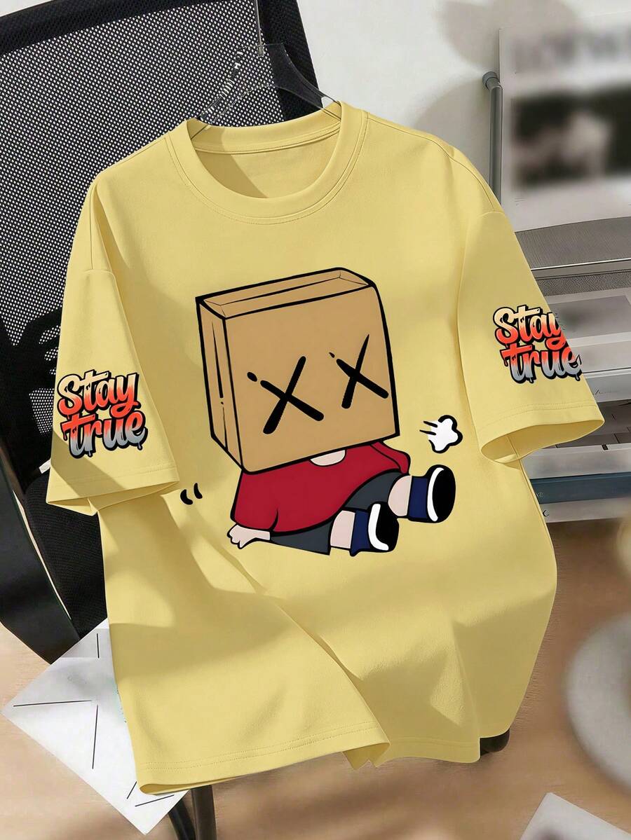 Teen Boys Street Aesthetic Loose T-Shirt, Cartoon Square Tip Graphic And "Stay True To Yourself" Slogan Print, Loose Short Sleeve Top, Suitable For Street Style, Casual Everyday Wear - Yellow - View 1