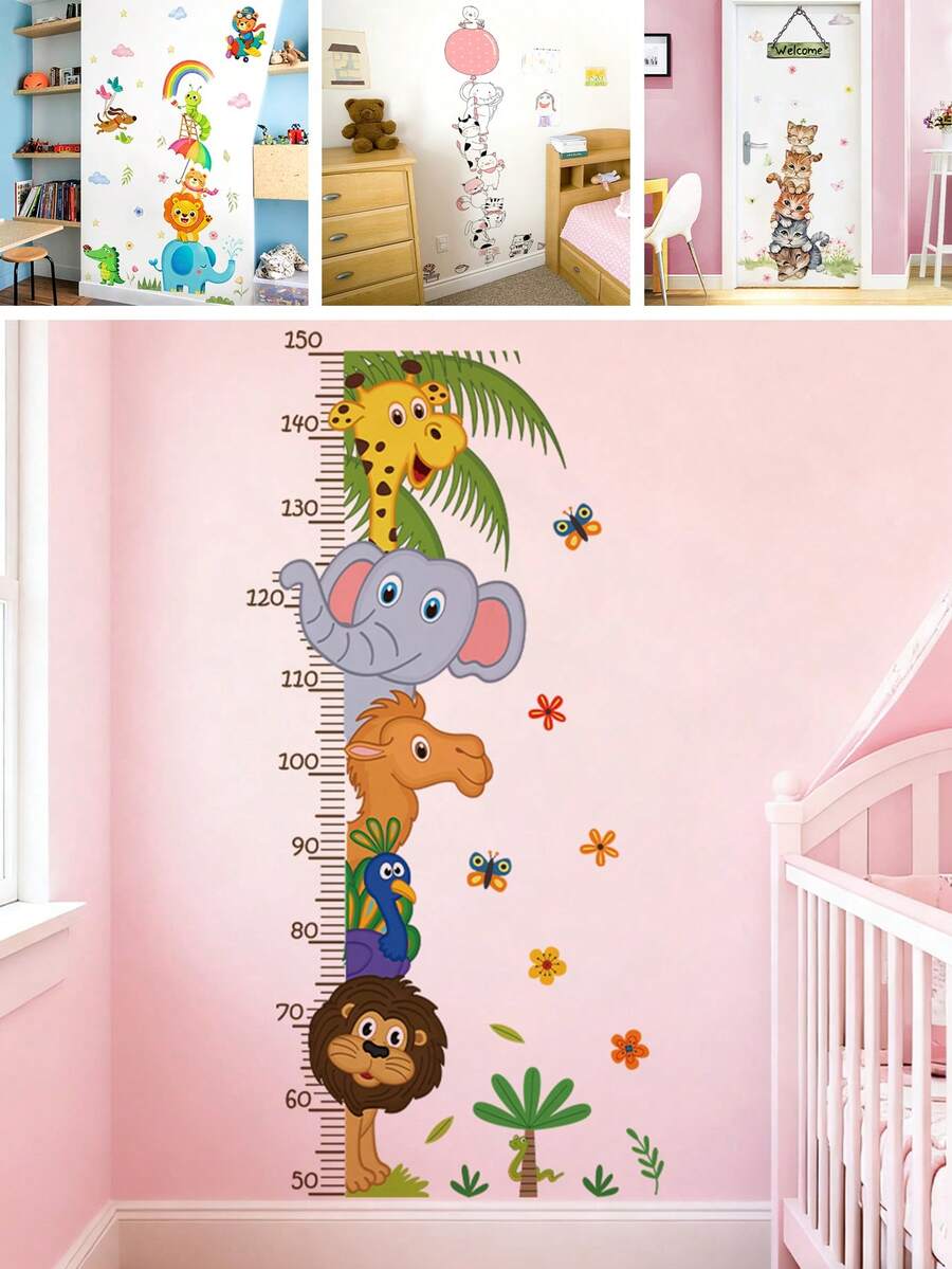 BRUP 1/2sheets/Set Stackable Animal Height Chart Wall Decal , Featuring Floral And Butterfly Patterns, Self-Adhesive Kids Room Decoration, Suitable For Nursery Rooms And Bedrooms, Removable Cartoon Animal Wall Art - Multicolor - View 1