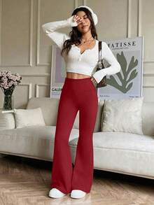 PETITE Women's Solid Color High Waist Casual Versatile Daily Flare Pants - Red - View 5