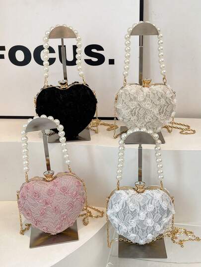 1个迷你心形蕾丝晚宴包，珍珠手柄，轻便链条斜挎包——适合女孩、青少年、学生，完美适用于婚礼、派对、节日晚宴