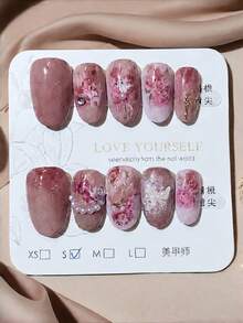 10片装光疗手工猫眼蝴蝶花皇后可穿戴美甲粉玫瑰假指甲按压式美甲 - 粉色 - 查看 2