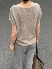 女士简约舒适短袖针织衫，宽松T恤，适合休闲、居家和通勤等多种场合，夏季百搭 - 卡其色 - 查看 8