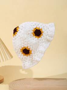 1pc Handmade Crochet Sunflower Pattern Colorblock Cute Sweet Style Bucket Hat For Women - White - View 12