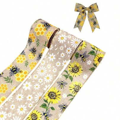 Ruy băng trang trí hình hoa hướng dương và ong, rộng 2,5 inch, gồm 3 cuộn tổng cộng 12 yard, ruy băng hoa cúc và ong trang trí mùa hè, thích hợp để làm vòng hoa, nơ, đồ thủ công DIY, gói quà tặng.