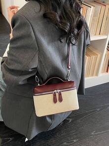 Women's Sophisticated Color-Blocked Canvas Small Square Bag, Retro Style, Perfect For Everyday Shopping Or Commuting, Simple Shoulder Bag. - Burgundy - View 6