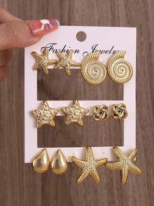 2-12-24件装新款时尚轻盈海星、贝壳、海螺多元素耳环，适合夏季旅行、海滩度假和日常佩戴 - 金色 - 查看 3
