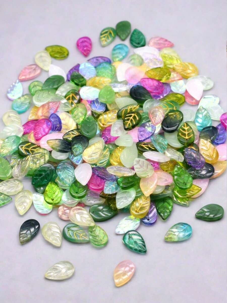 50颗/袋，11x18毫米混合叶形水晶玻璃珠，适合DIY珠宝叶形吊坠项链耳环制作 - 多色混色 - 查看 1