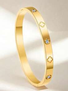 1件闪亮锆石手链，女士四叶草印花爱心不锈钢手镯，首饰礼品 - 四葉草款式 - 查看 5