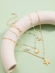 2件套夏季清新仿珍珠项链，带吊坠，时尚海洋生物吊坠首饰套装，适合女性日常/度假佩戴，手工制作，长度可调节，仿珍珠珠子数量不等 - 彩色 - 查看 3