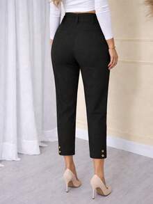 Women's Skinny Linen High-Waisted Trousers With Slash Pockets And Front Tie – Elegant Formal Style, Modern Tailoring, Chic Fitted Cut For Work, Events, And Sophisticated Casual Fashion Looks - 黑色 - 查看 2