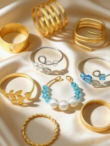 月牙珠减压叠层金戒指套装，甜美风格，女士款 - 金黃色 - 查看 3